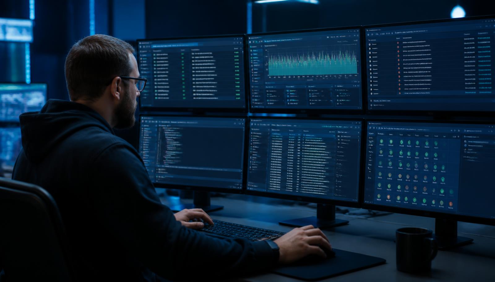 Engineer running security tests, permission checks, audit logs and uptime monitoring for a SaaS platform