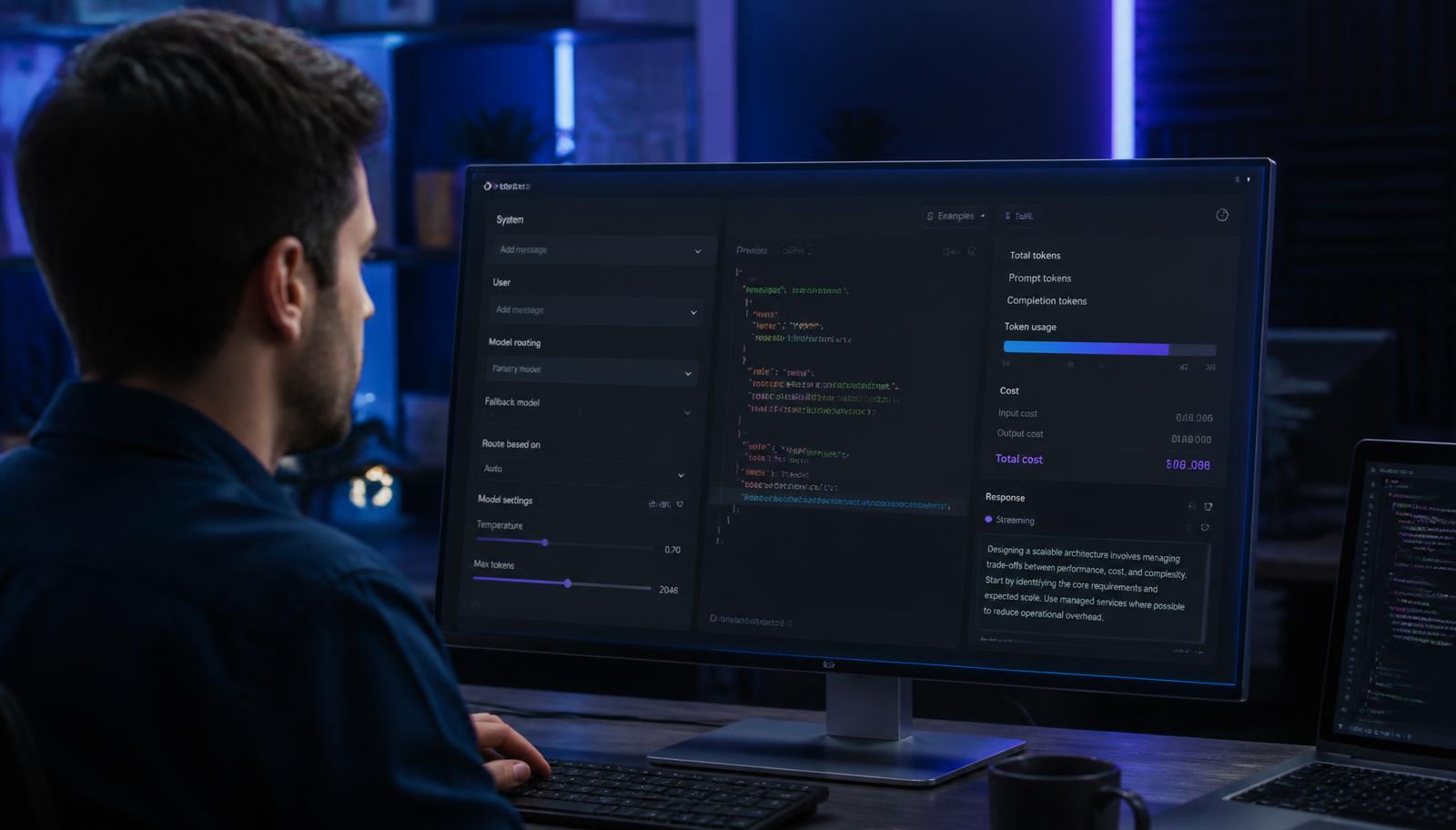 Developer configuring an AI feature with model routing, structured outputs, token usage and cost metering