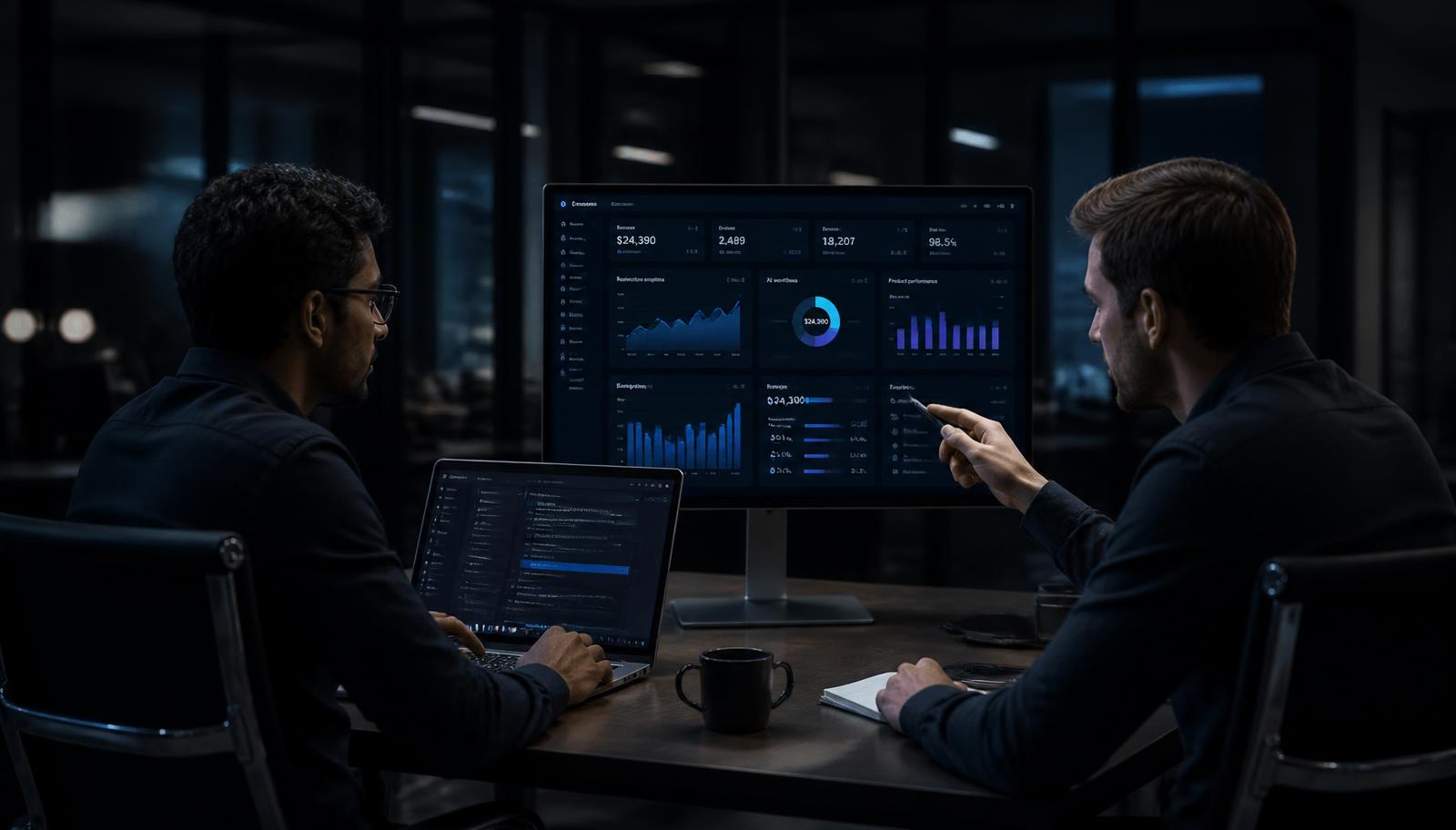 Founder and developer reviewing an AI SaaS dashboard with subscription analytics and AI workflow activity