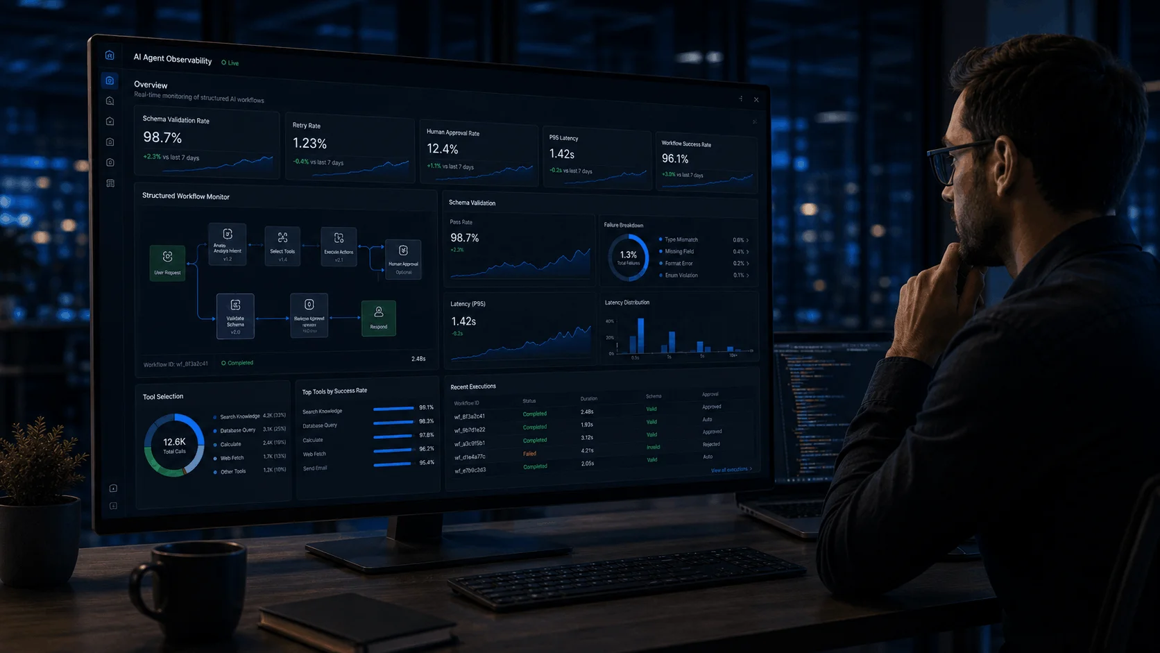 AI Agent observability dashboard showing schema validation rates, tool calling success, and workflow monitoring