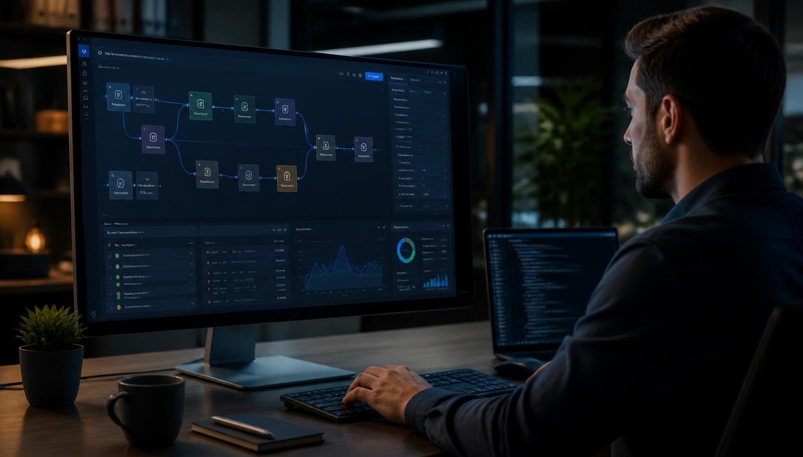 Developer designing a secure AI agent application with connected tools, data and approval workflows