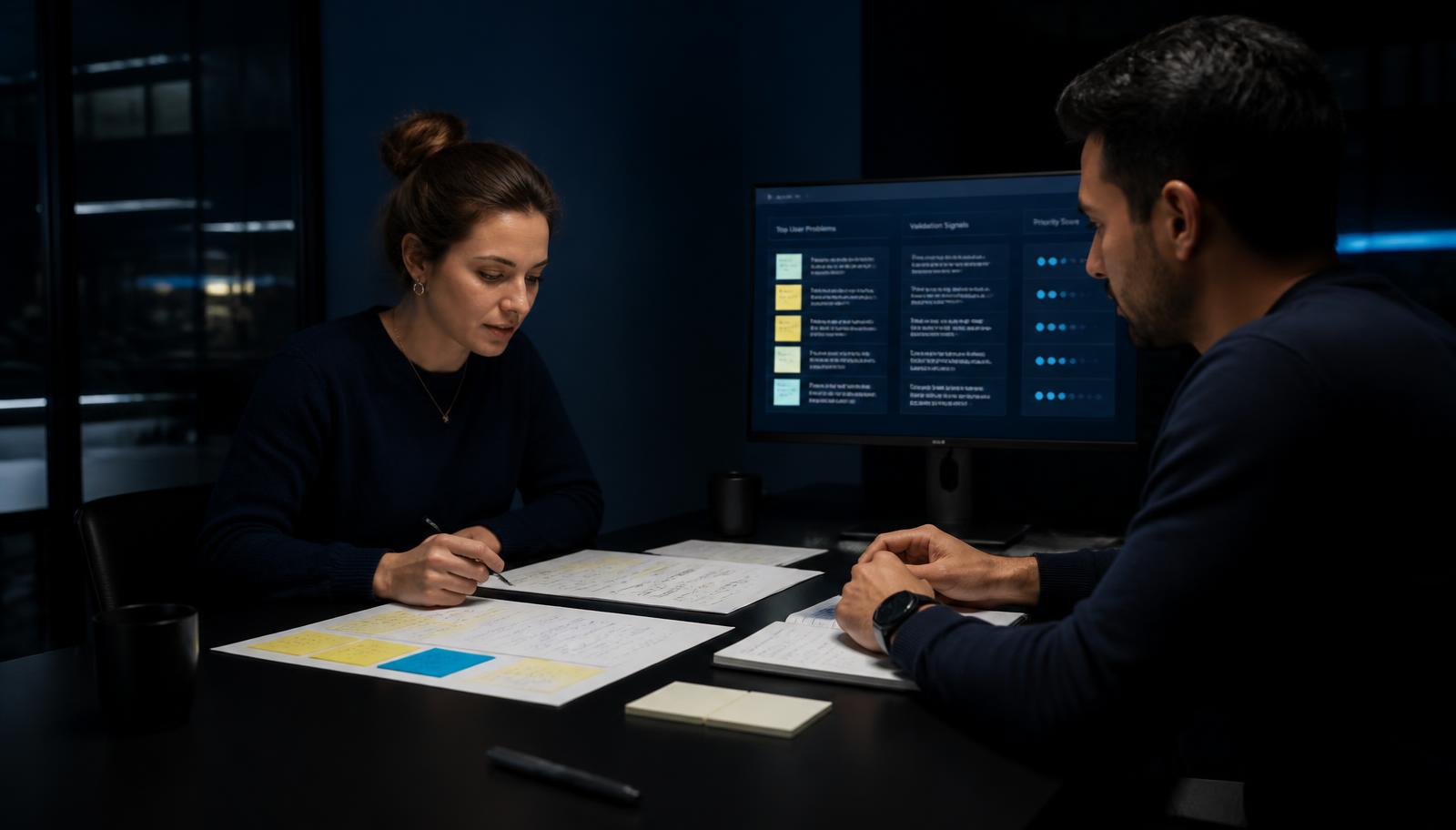Product team validating customer pain points and priority scores before building an AI SaaS product