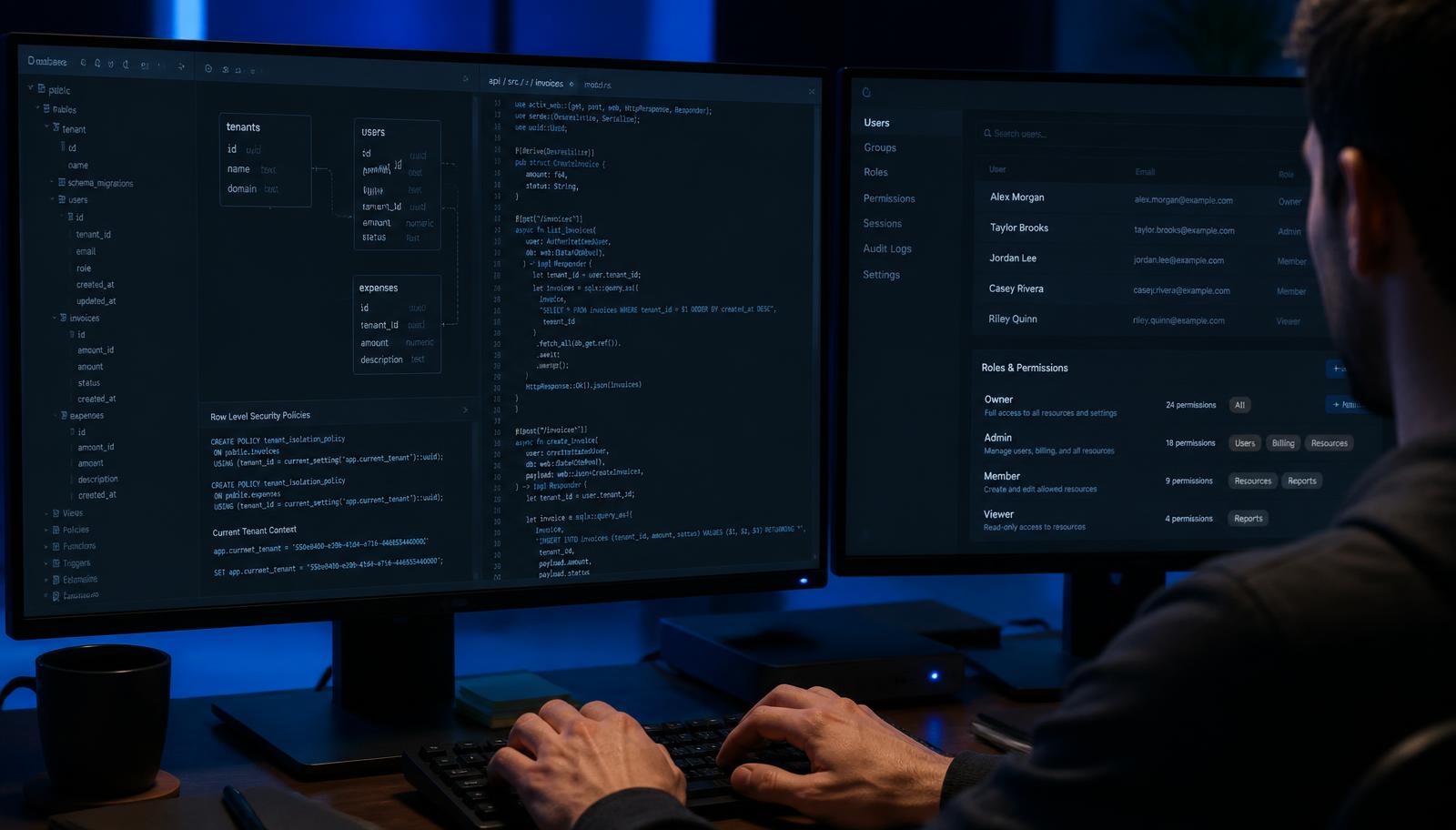 Engineer implementing multi-tenant SaaS database schema, row-level security policies and role permissions