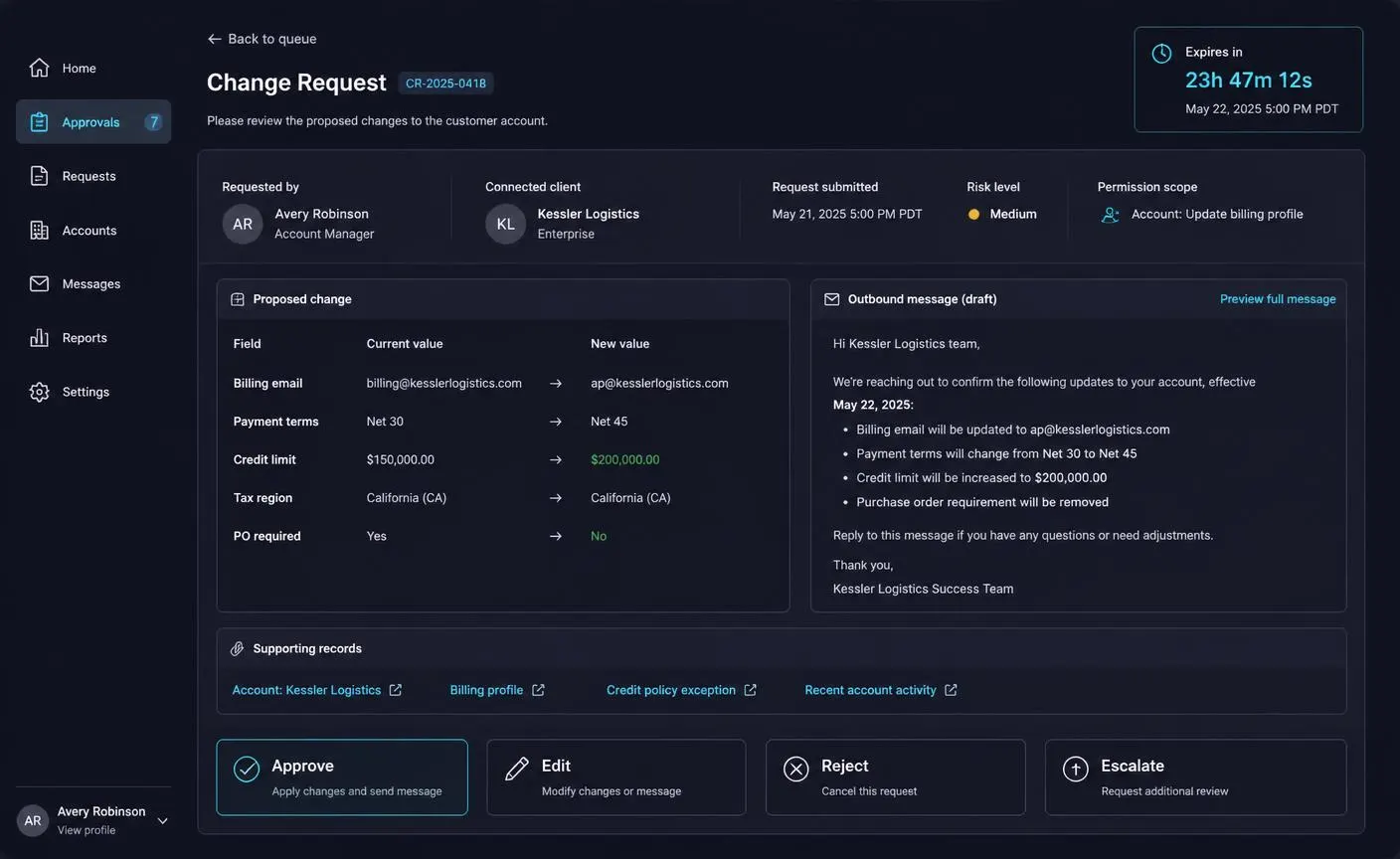 Reviewer approving or rejecting a sensitive AI agent action before the SaaS system is changed